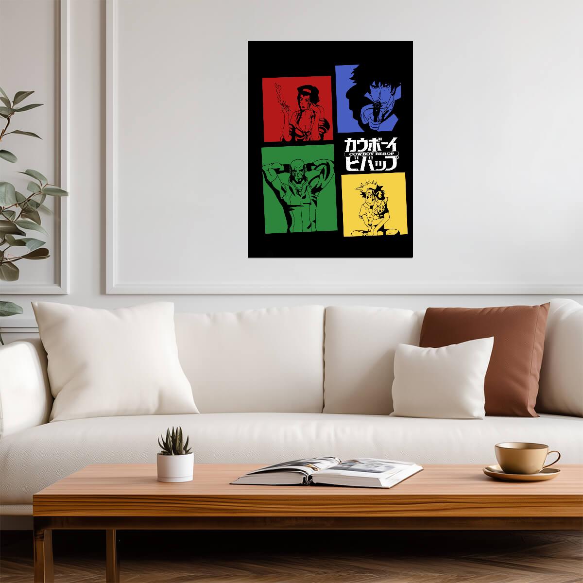 Cowboy Bebop Poster | Spike, Faye, Jet and Edward in Four Color Panels - Anime Poster