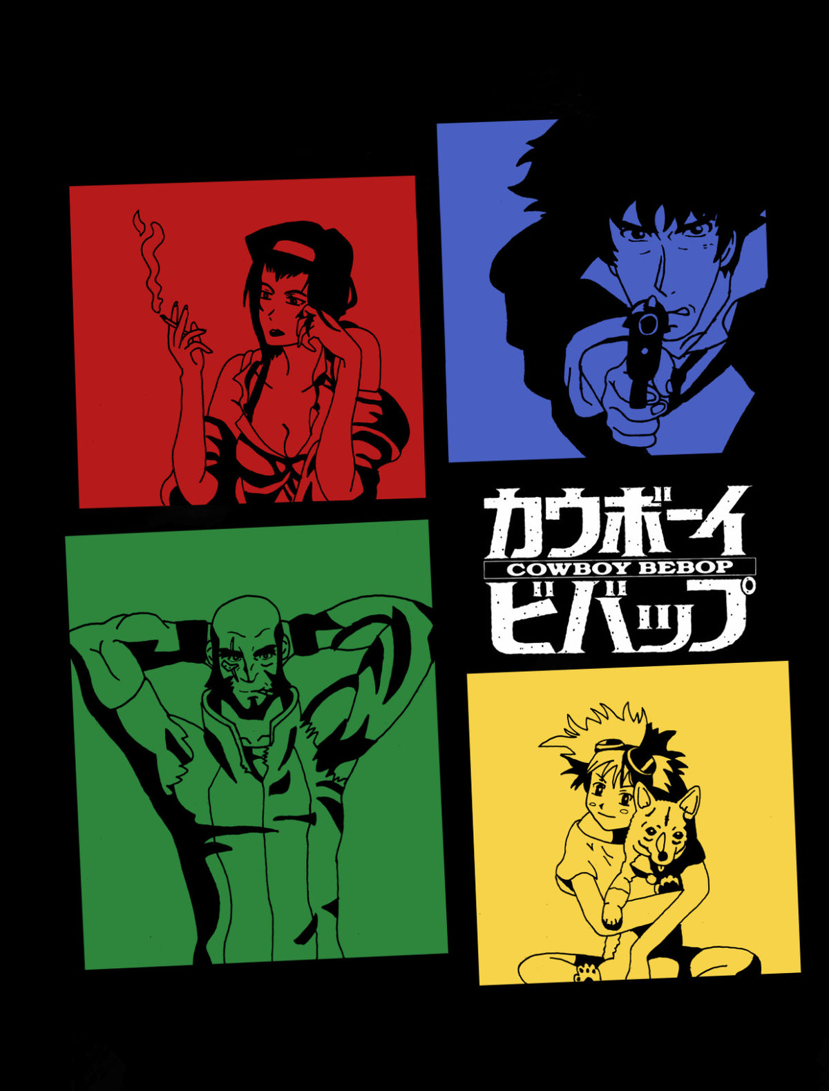 Cowboy Bebop Poster | Spike, Faye, Jet and Edward in Four Color Panels - Anime Poster