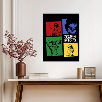 Cowboy Bebop Poster | Spike, Faye, Jet and Edward in Four Color Panels - Anime Poster