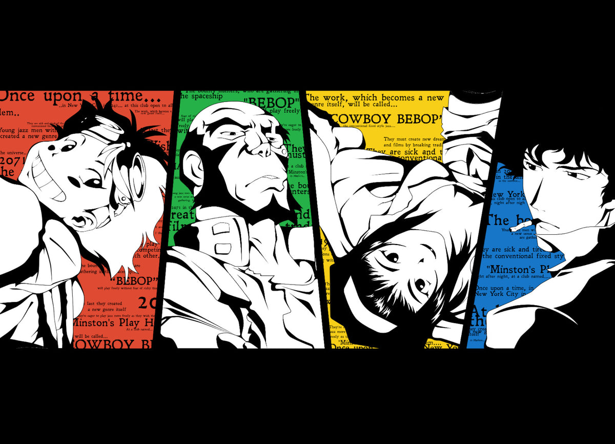 Cowboy Bebop Poster | Crew Portraits with Colored Text Panels - Anime Poster