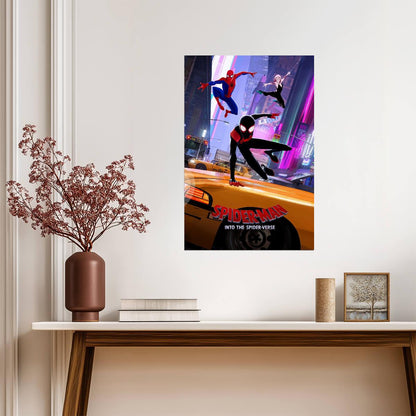 Spider-Man Into the Spider-Verse Movie Poster | Miles, Peter and Gwen above the Taxi - Movies & TV Poster