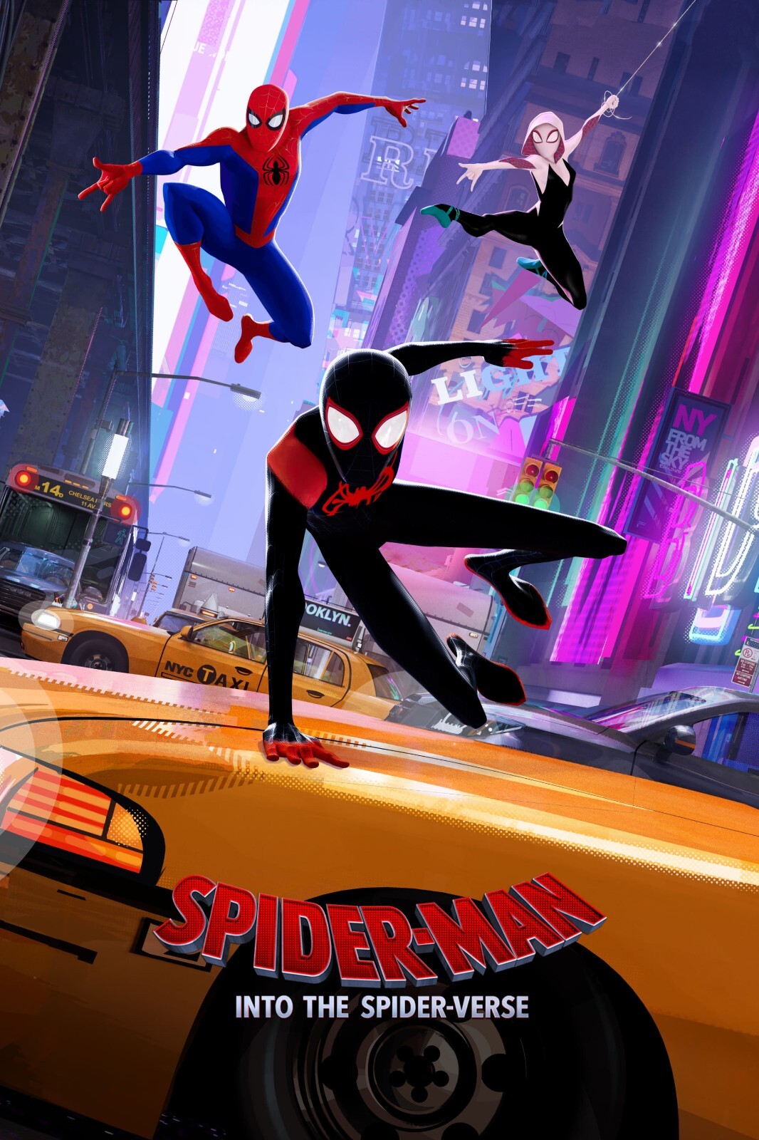 Spider-Man Into the Spider-Verse Movie Poster | Miles, Peter and Gwen above the Taxi - Movies & TV Poster