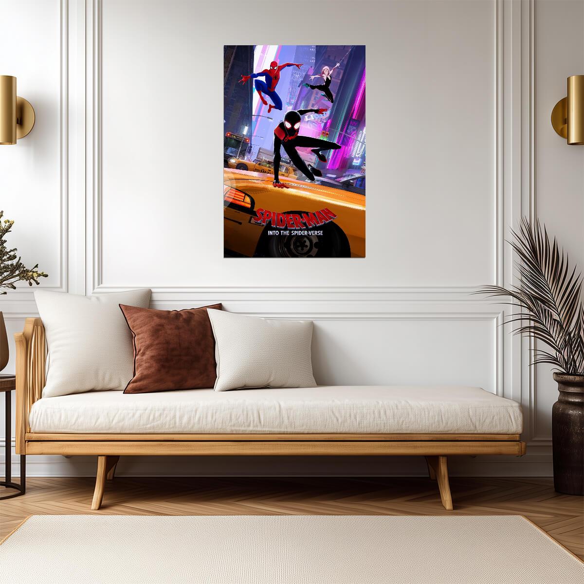 Spider-Man Into the Spider-Verse Movie Poster | Miles, Peter and Gwen above the Taxi - Movies & TV Poster