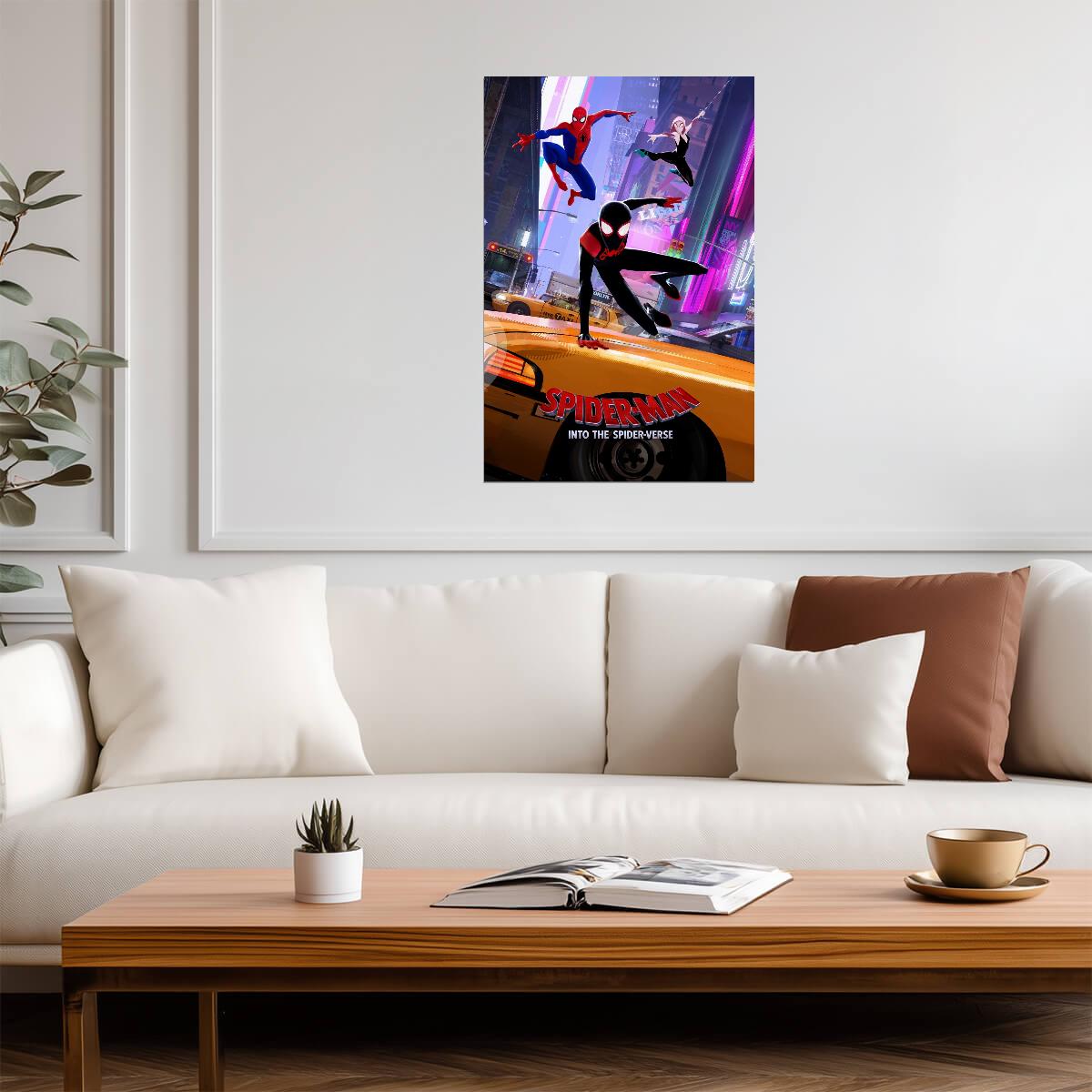 Spider-Man Into the Spider-Verse Movie Poster | Miles, Peter and Gwen above the Taxi - Movies & TV Poster