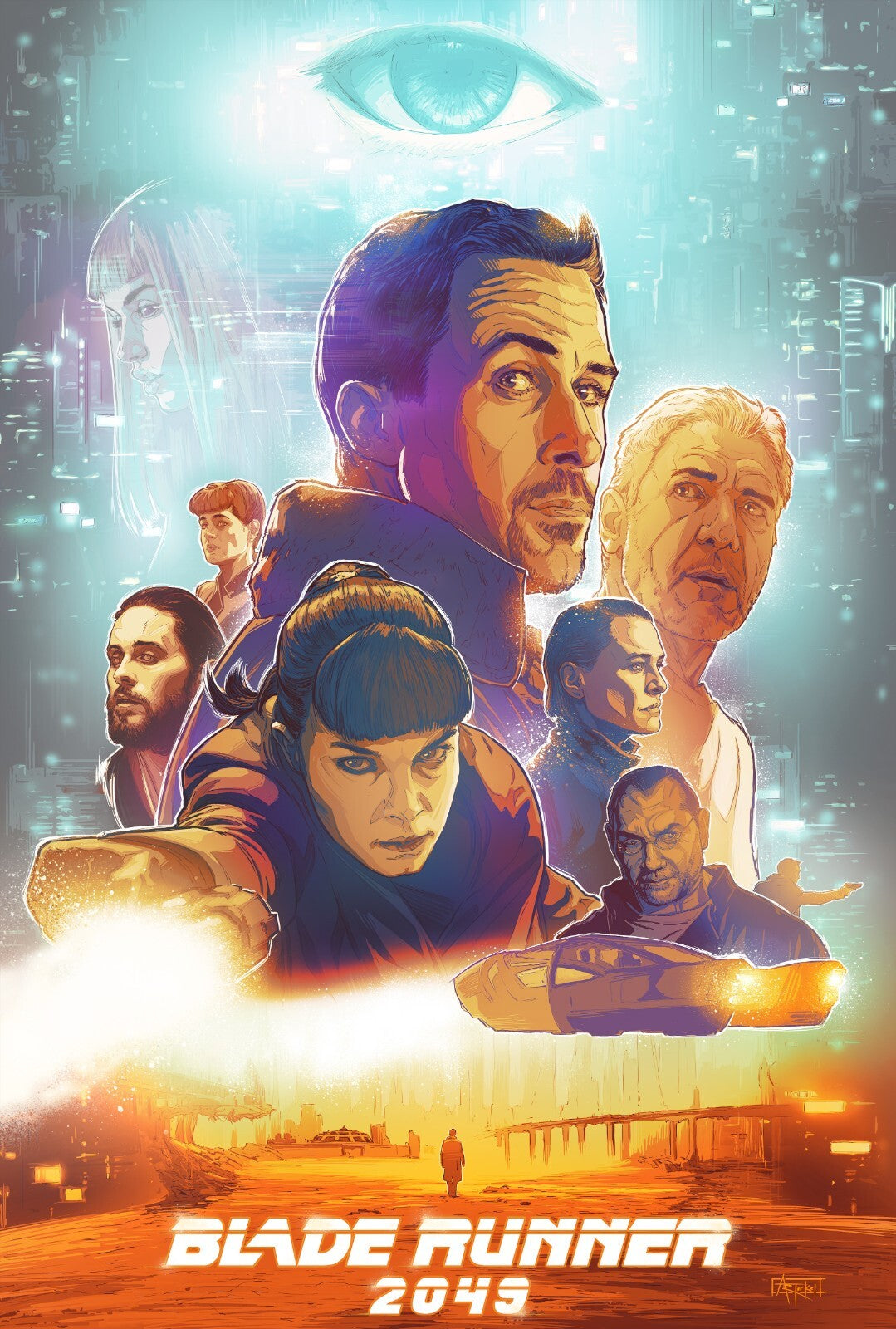Blade Runner 2049 Movie Poster | Illustrated Cast beneath a Green Eye - Movies & TV Poster