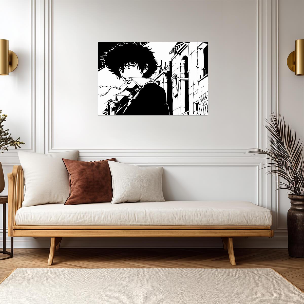 Cowboy Bebop Poster | Spike Spiegel on a City Street in Black and White - Anime Poster