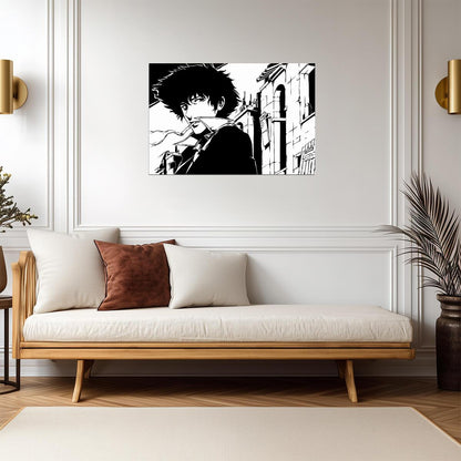 Cowboy Bebop Poster | Spike Spiegel on a City Street in Black and White - Anime Poster