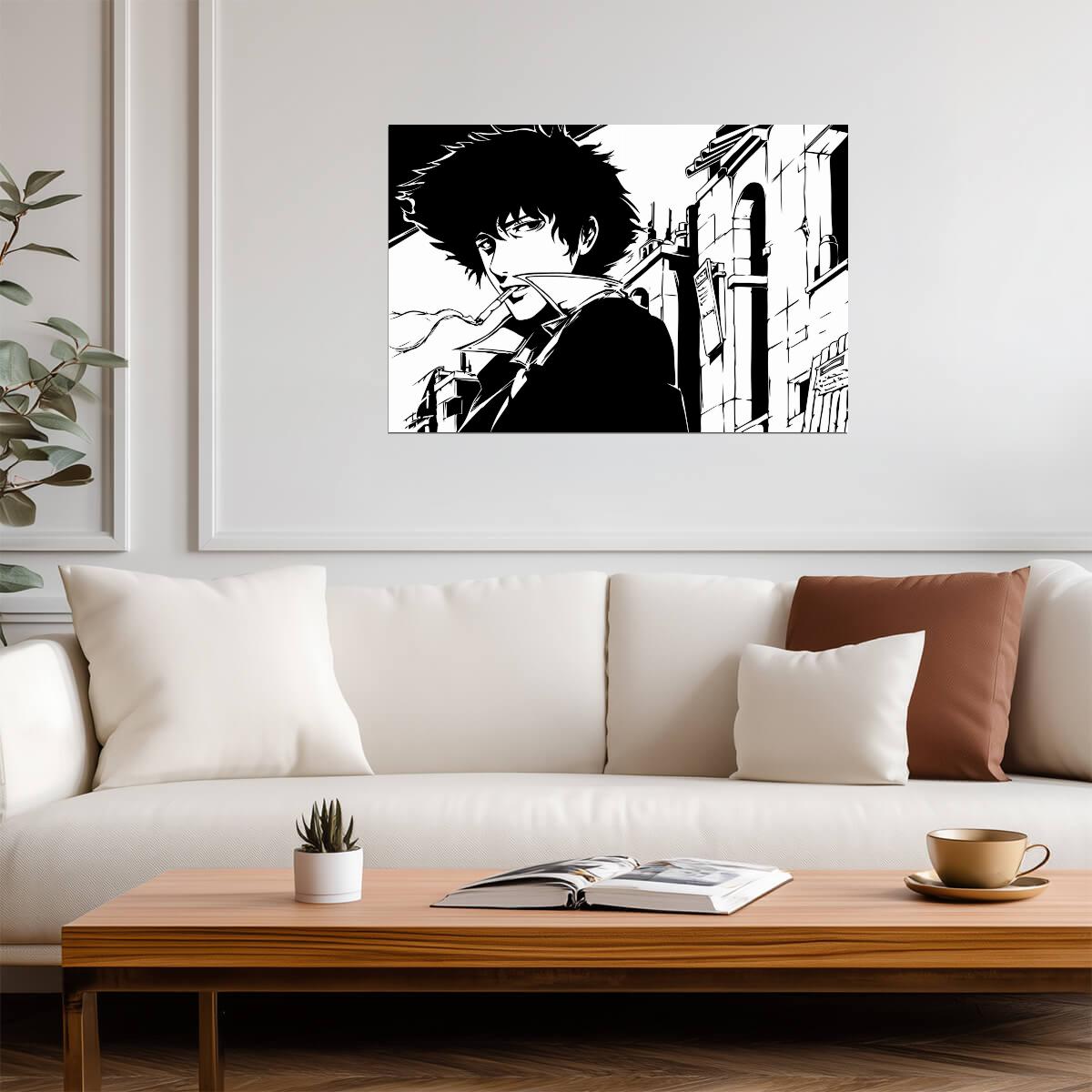 Cowboy Bebop Poster | Spike Spiegel on a City Street in Black and White - Anime Poster