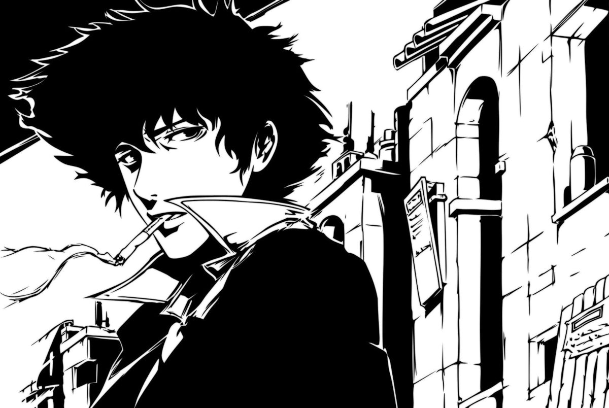 Cowboy Bebop Poster | Spike Spiegel on a City Street in Black and White - Anime Poster