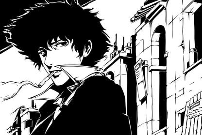 Cowboy Bebop Poster | Spike Spiegel on a City Street in Black and White - Anime Poster