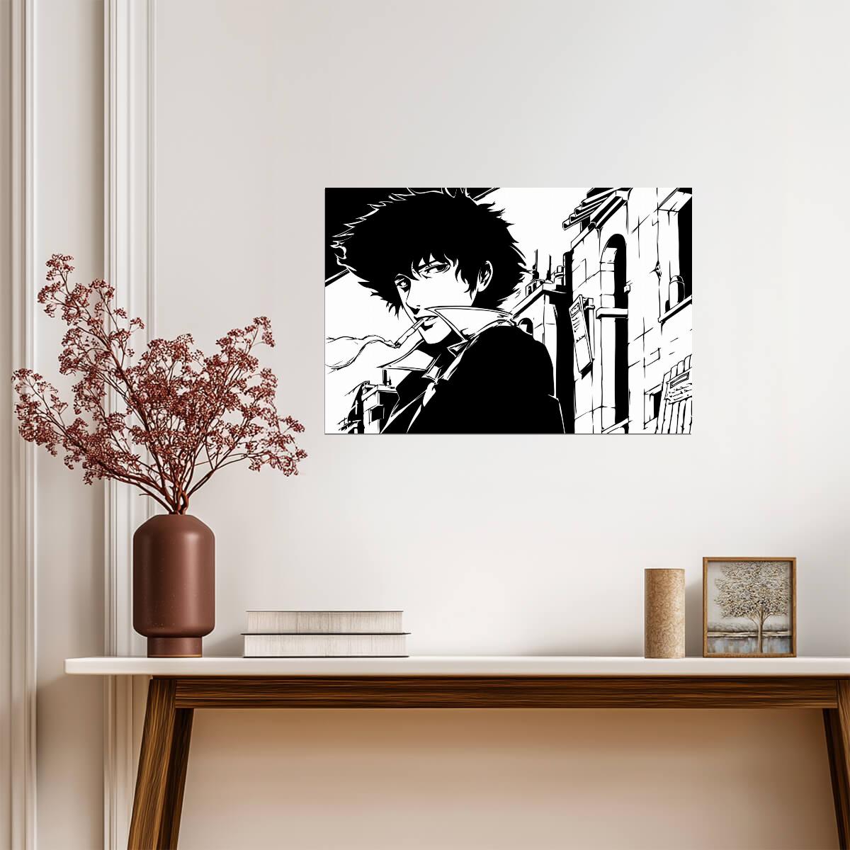Cowboy Bebop Poster | Spike Spiegel on a City Street in Black and White - Anime Poster