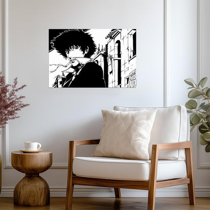 Cowboy Bebop Poster | Spike Spiegel on a City Street in Black and White - Anime Poster