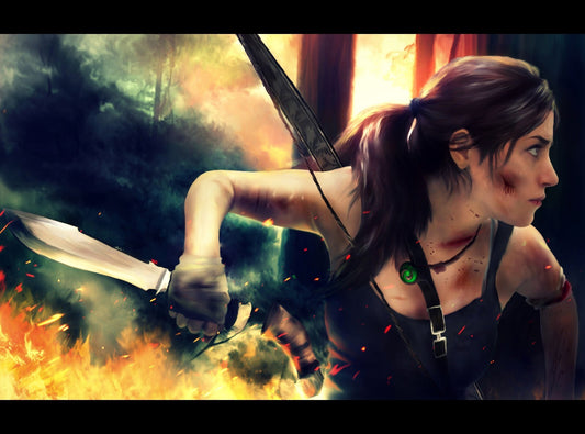 Tomb Raider Poster | Lara Croft's Profile Against Fire and Smoke - Video Games Poster