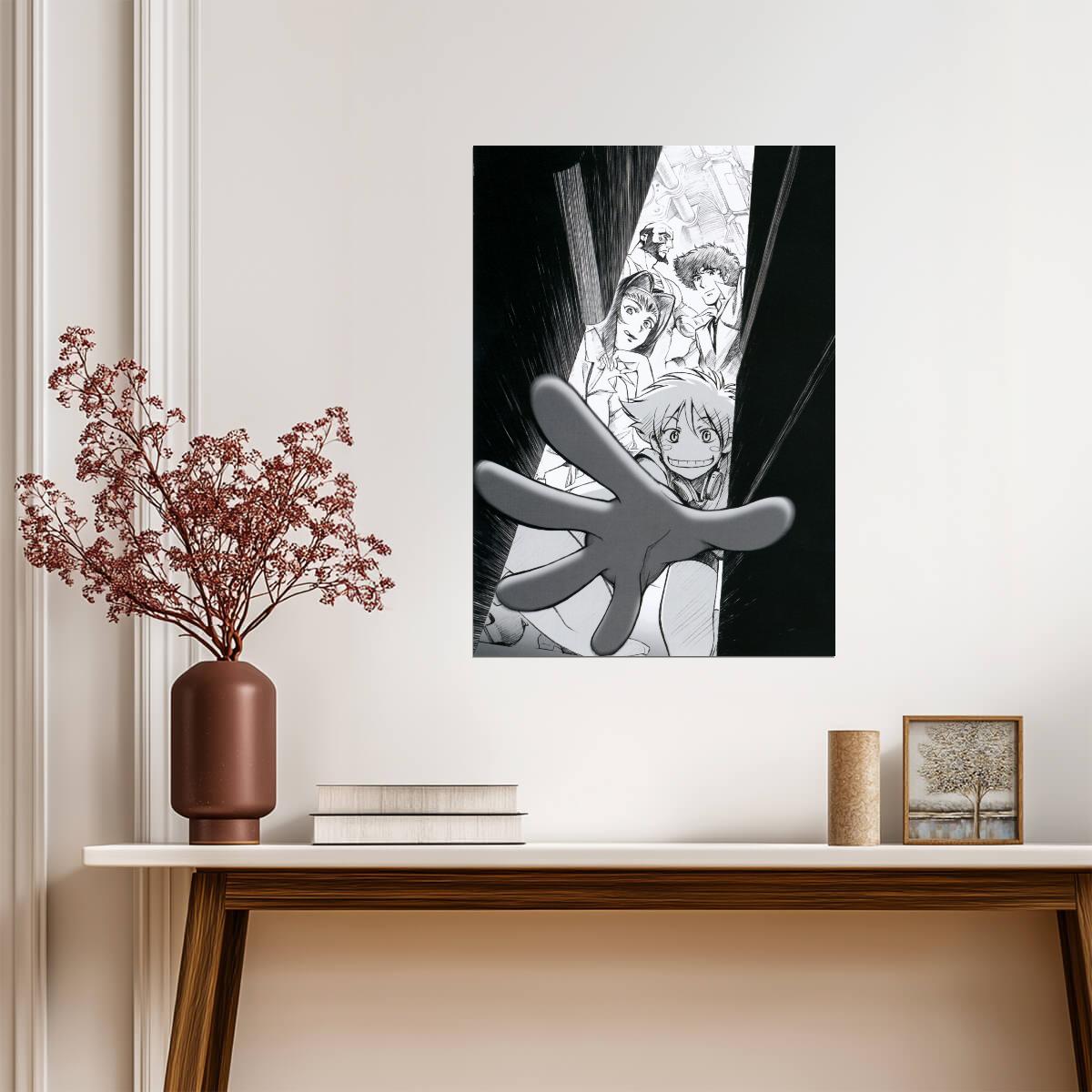 Cowboy Bebop Poster | Edward and the Crew | Black and White Doorway Illustration - Anime Poster