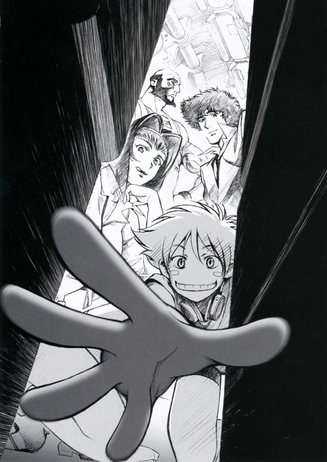 Cowboy Bebop Poster | Edward and the Crew | Black and White Doorway Illustration - Anime Poster
