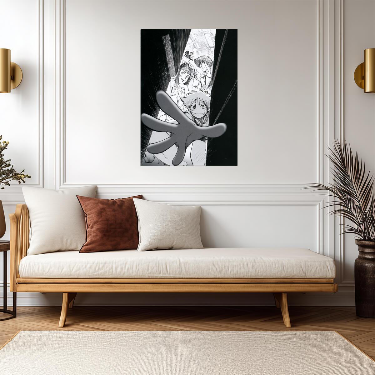 Cowboy Bebop Poster | Edward and the Crew | Black and White Doorway Illustration - Anime Poster