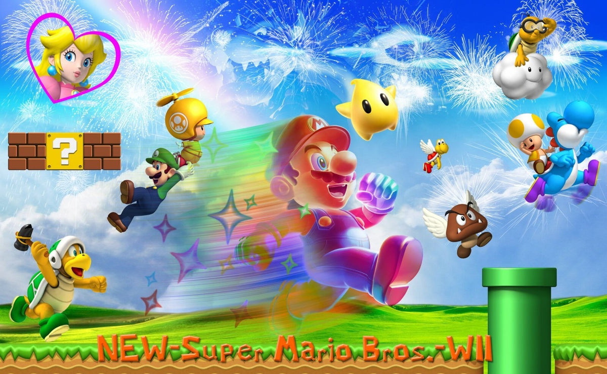 New Super Mario Bros. Wii Poster | Mario and Friends in the Mushroom Kingdom - Video Games Poster