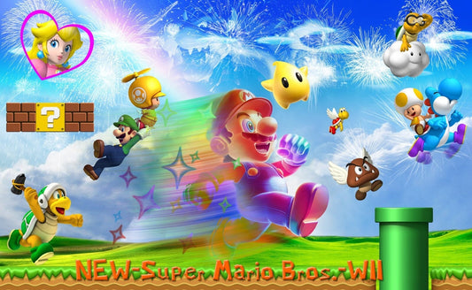 New Super Mario Bros. Wii Poster | Mario and Friends in the Mushroom Kingdom - Video Games Poster