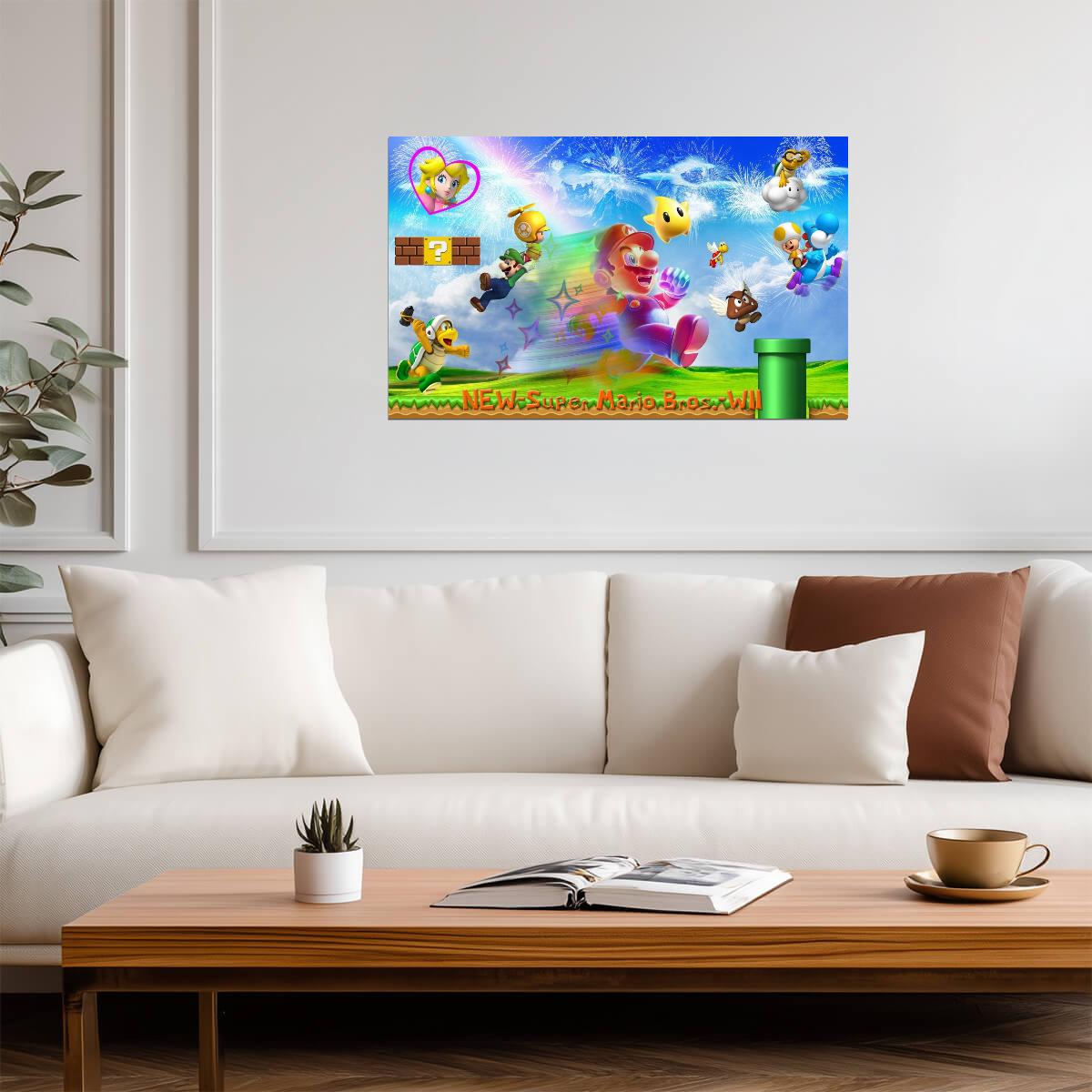 New Super Mario Bros. Wii Poster | Mario and Friends in the Mushroom Kingdom - Video Games Poster