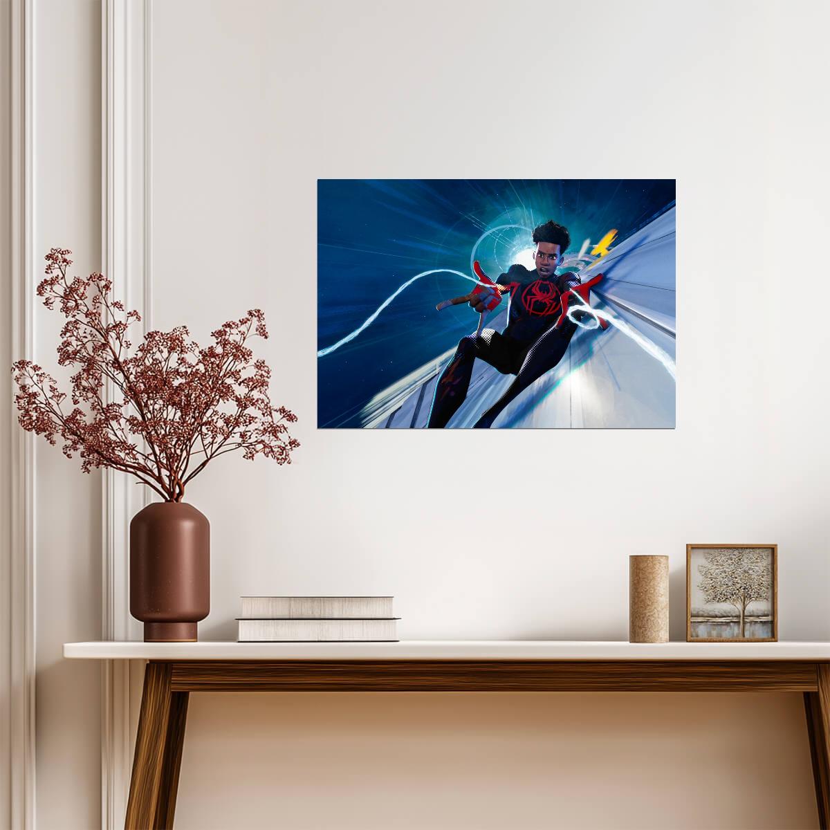 Spider-Man Across the Spider-Verse Movie Poster | Miles Racing through a Blue Portal - Movies & TV Poster
