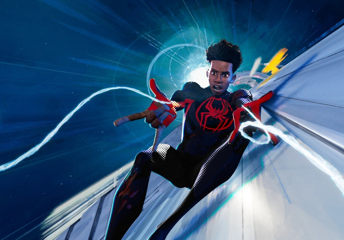 Spider-Man Across the Spider-Verse Movie Poster | Miles Racing through a Blue Portal - Movies & TV Poster