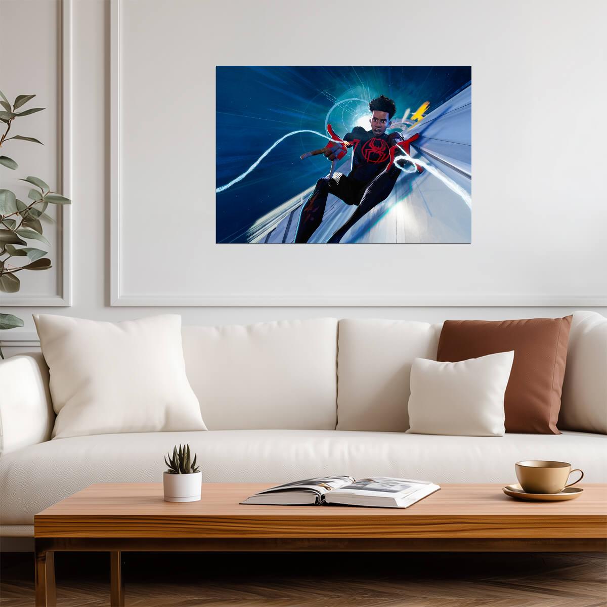 Spider-Man Across the Spider-Verse Movie Poster | Miles Racing through a Blue Portal - Movies & TV Poster