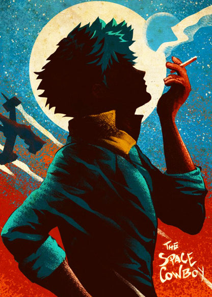 Cowboy Bebop Poster | Spike Spiegel Smoking Beneath a Full Moon - Anime Poster