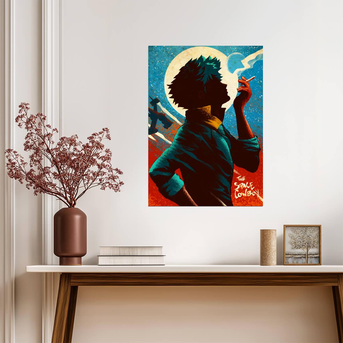 Cowboy Bebop Poster | Spike Spiegel Smoking Beneath a Full Moon - Anime Poster