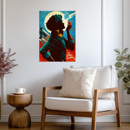 Cowboy Bebop Poster | Spike Spiegel Smoking Beneath a Full Moon - Anime Poster