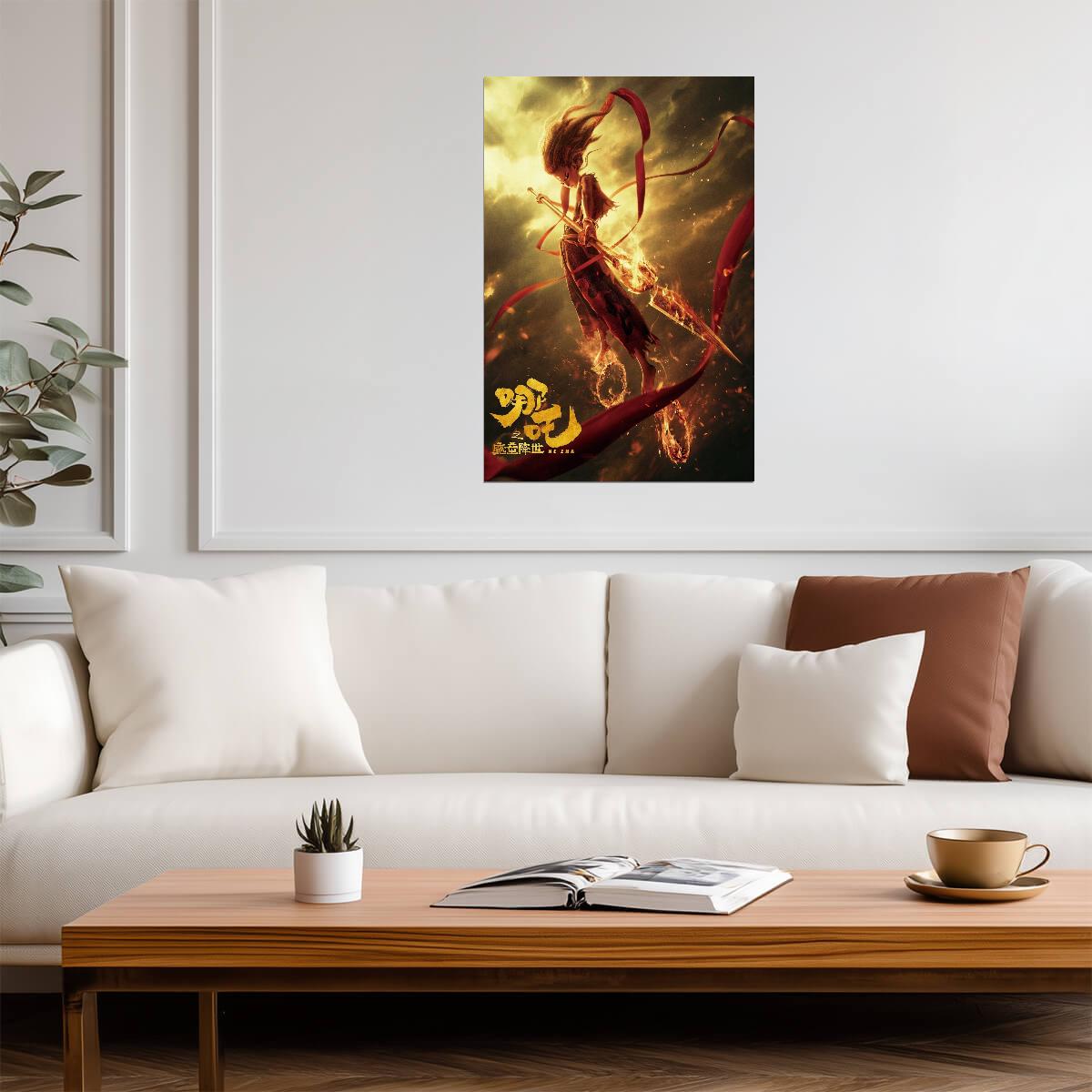 Ne Zha 2019 Animated Movie Poster | Ne Zha with a Spear and Red Sash - Anime Poster
