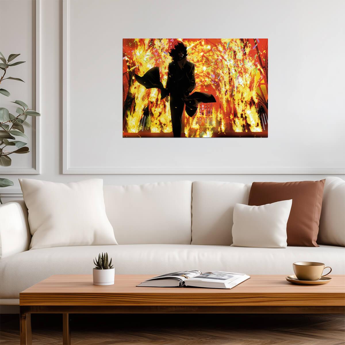 Cowboy Bebop Poster | Spike Spiegel Silhouette Against Flames - Anime Poster