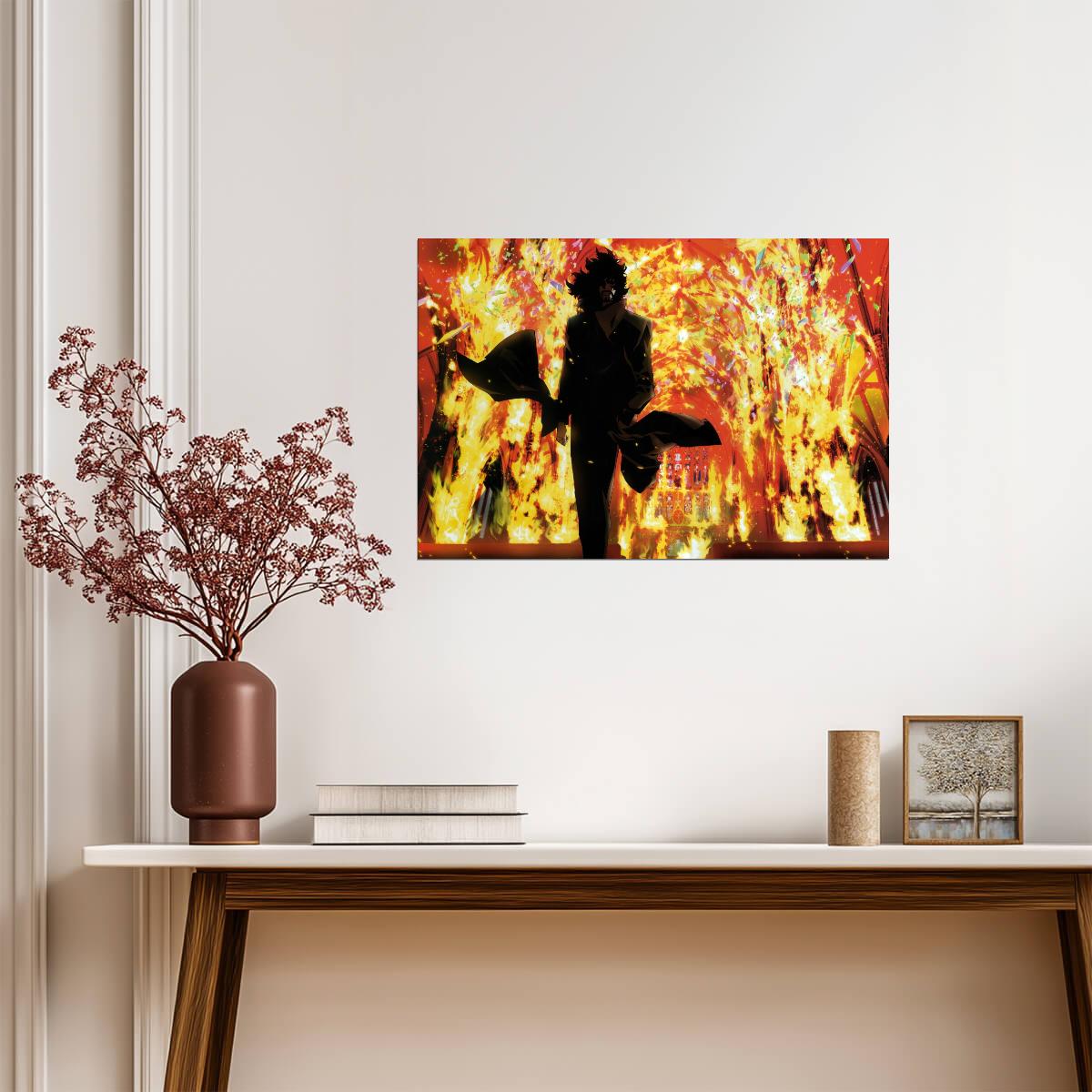 Cowboy Bebop Poster | Spike Spiegel Silhouette Against Flames - Anime Poster