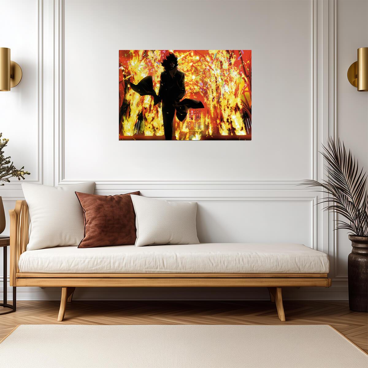 Cowboy Bebop Poster | Spike Spiegel Silhouette Against Flames - Anime Poster