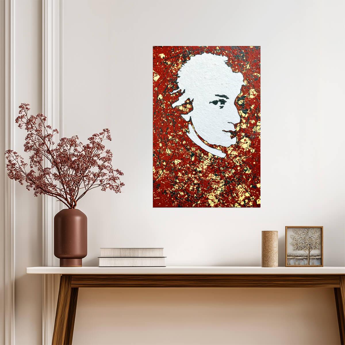 Wolfgang Amadeus Mozart Poster | Red and Gold Portrait Art Print - Graphic & Art Poster