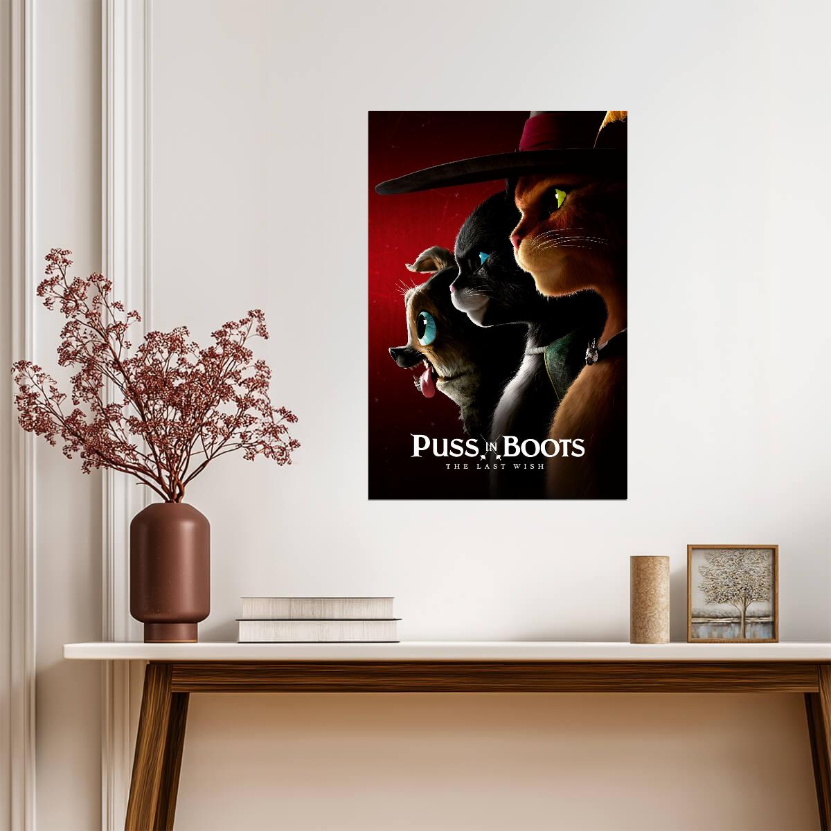 Puss in Boots The Last Wish Movie Poster | Puss, Kitty and Perrito on Red - Movies & TV Poster