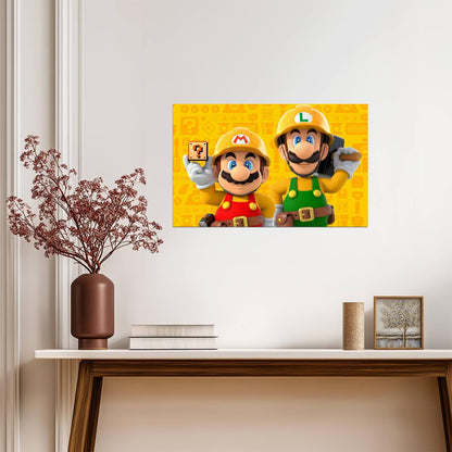 Super Mario Maker 2 Poster | Mario and Luigi in Builder Outfits - Video Games Poster