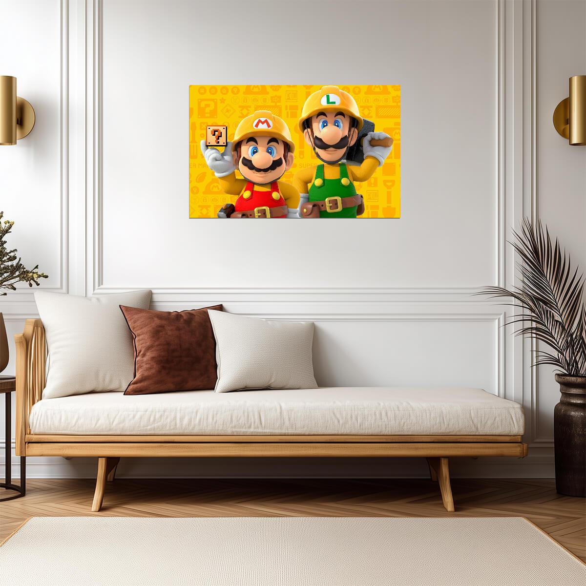 Super Mario Maker 2 Poster | Mario and Luigi in Builder Outfits - Video Games Poster