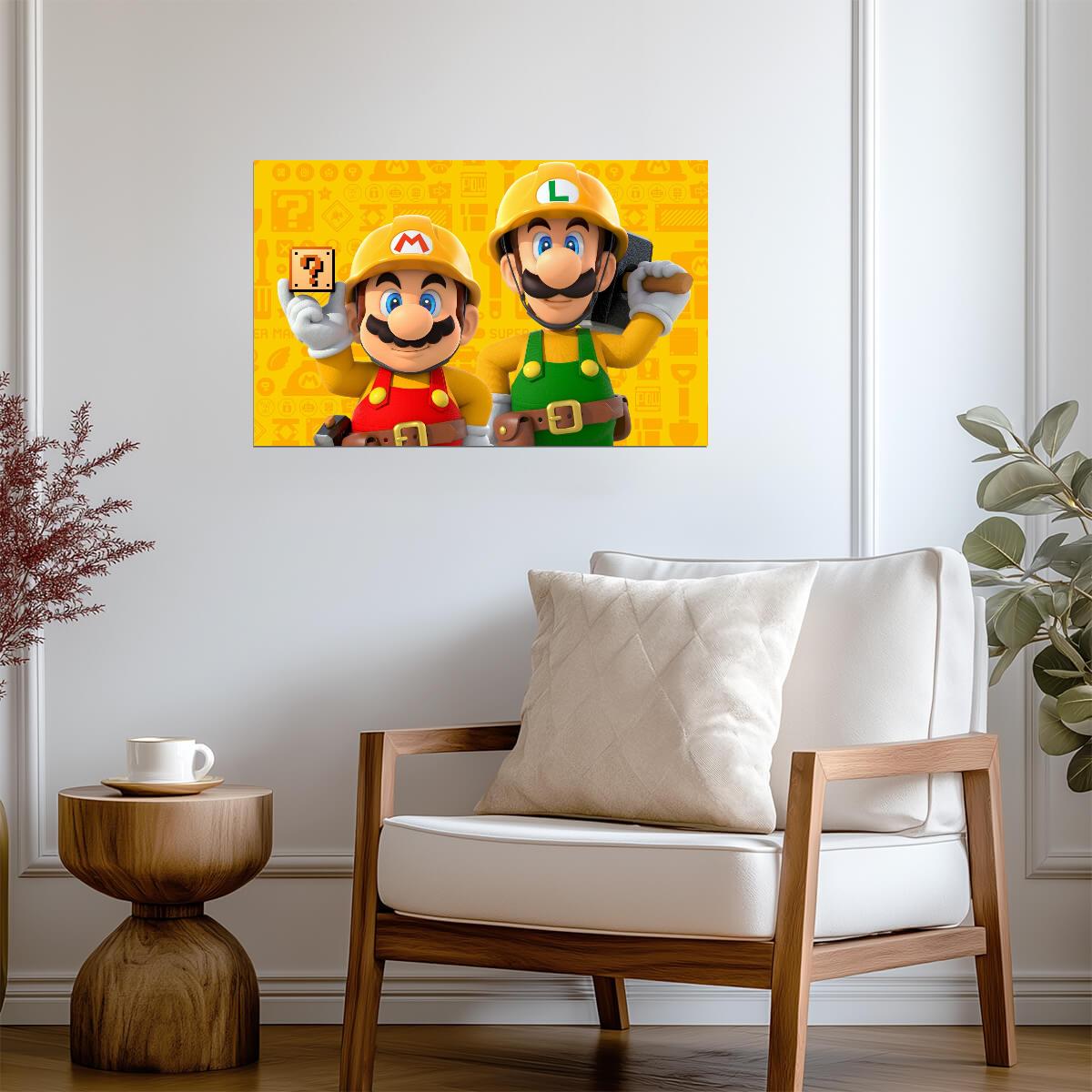 Super Mario Maker 2 Poster | Mario and Luigi in Builder Outfits - Video Games Poster