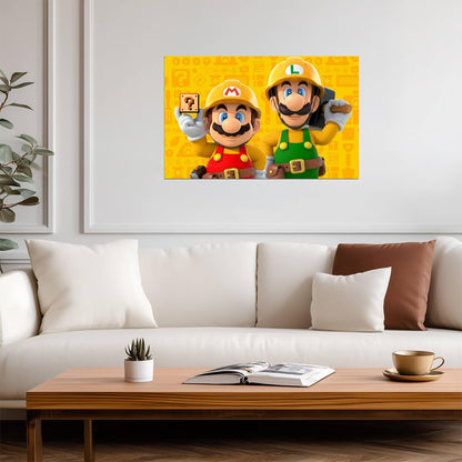 Super Mario Maker 2 Poster | Mario and Luigi in Builder Outfits - Video Games Poster