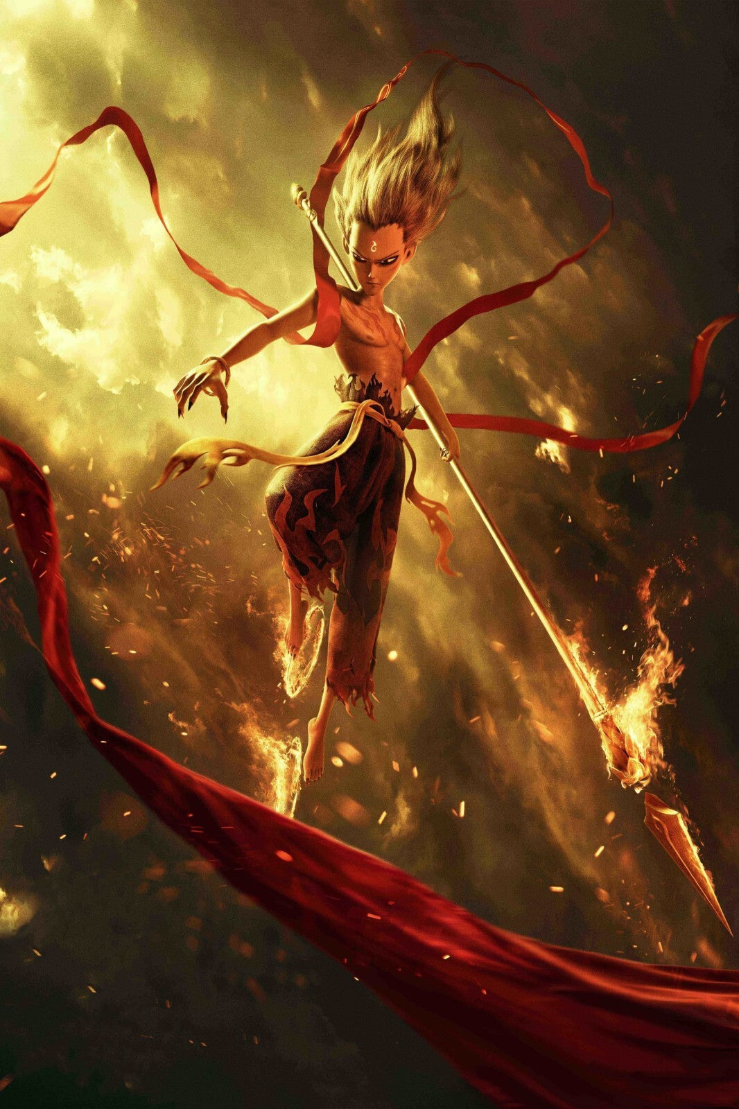 Ne Zha 2019 Animated Movie Poster | Ne Zha Flying Through Flames - Anime Poster