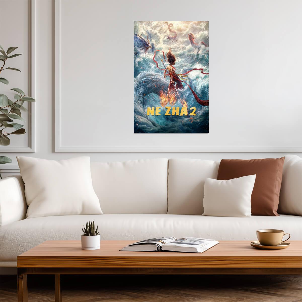 Ne Zha 2 Animated Movie Poster | Ne Zha Facing Dragons Above the Sea - Anime Poster