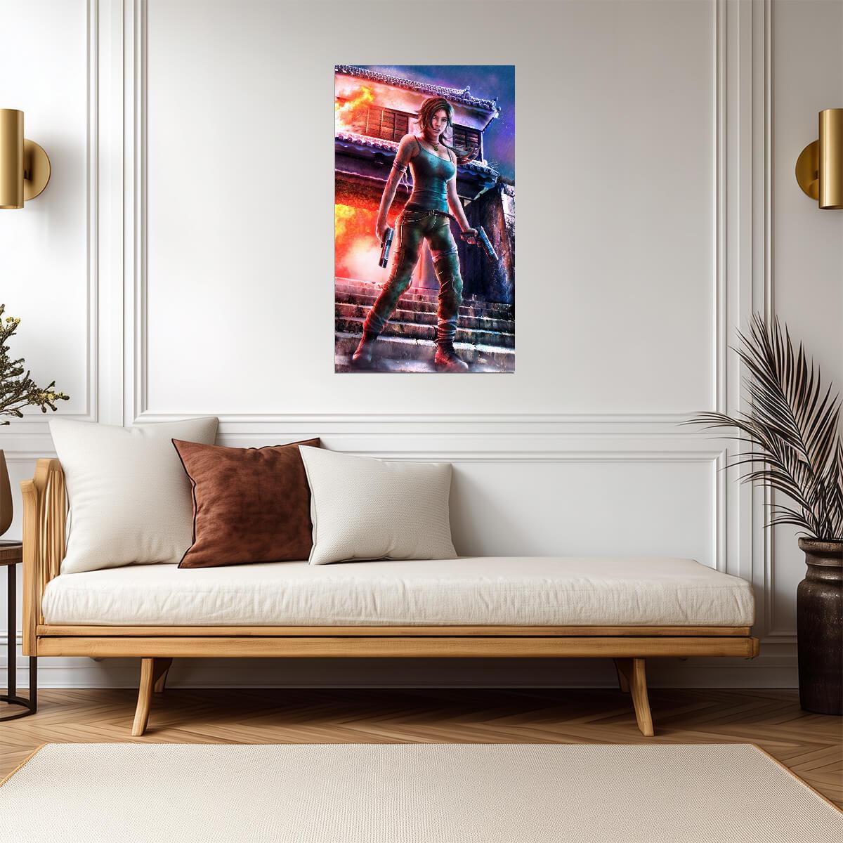 Tomb Raider Poster | Lara Croft with Dual Pistols in a Neon City - Video Games Poster