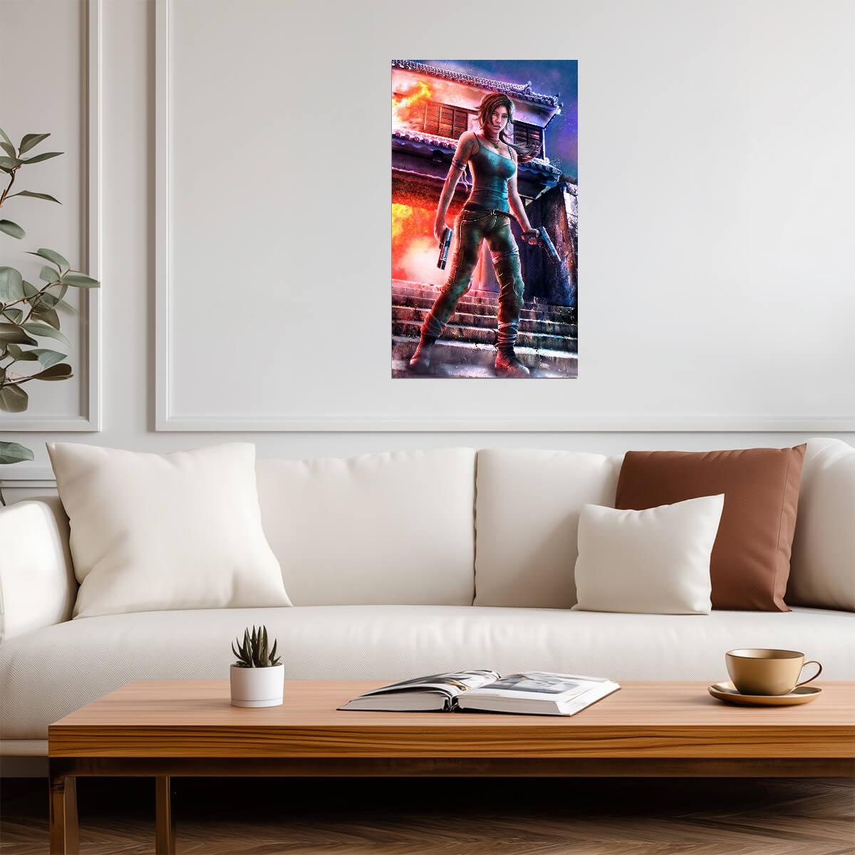 Tomb Raider Poster | Lara Croft with Dual Pistols in a Neon City - Video Games Poster