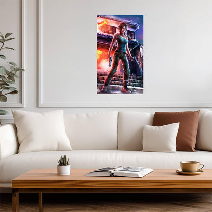 Tomb Raider Poster | Lara Croft with Dual Pistols in a Neon City - Video Games Poster