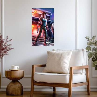 Tomb Raider Poster | Lara Croft with Dual Pistols in a Neon City - Video Games Poster