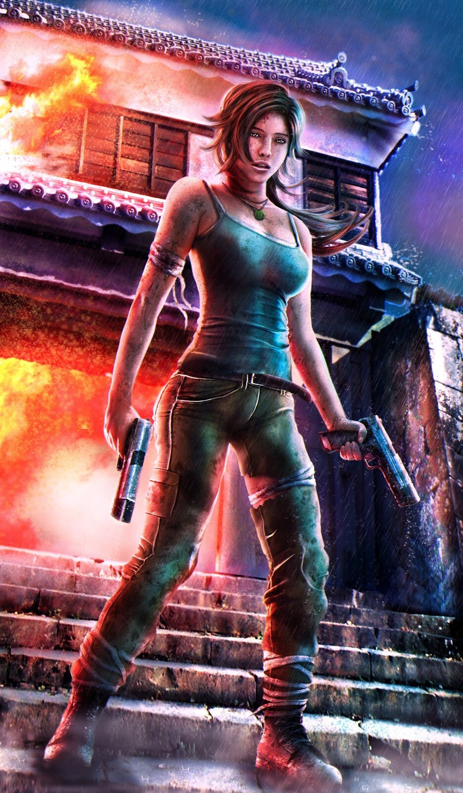 Tomb Raider Poster | Lara Croft with Dual Pistols in a Neon City - Video Games Poster