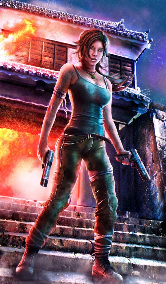 Tomb Raider Poster | Lara Croft with Dual Pistols in a Neon City - Video Games Poster
