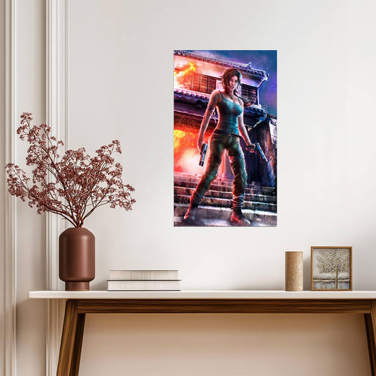 Tomb Raider Poster | Lara Croft with Dual Pistols in a Neon City - Video Games Poster