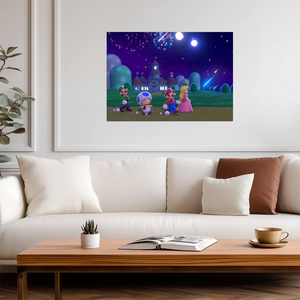 Super Mario Poster | Mario, Peach and Friends | Fireworks at the Castle - Video Games Poster