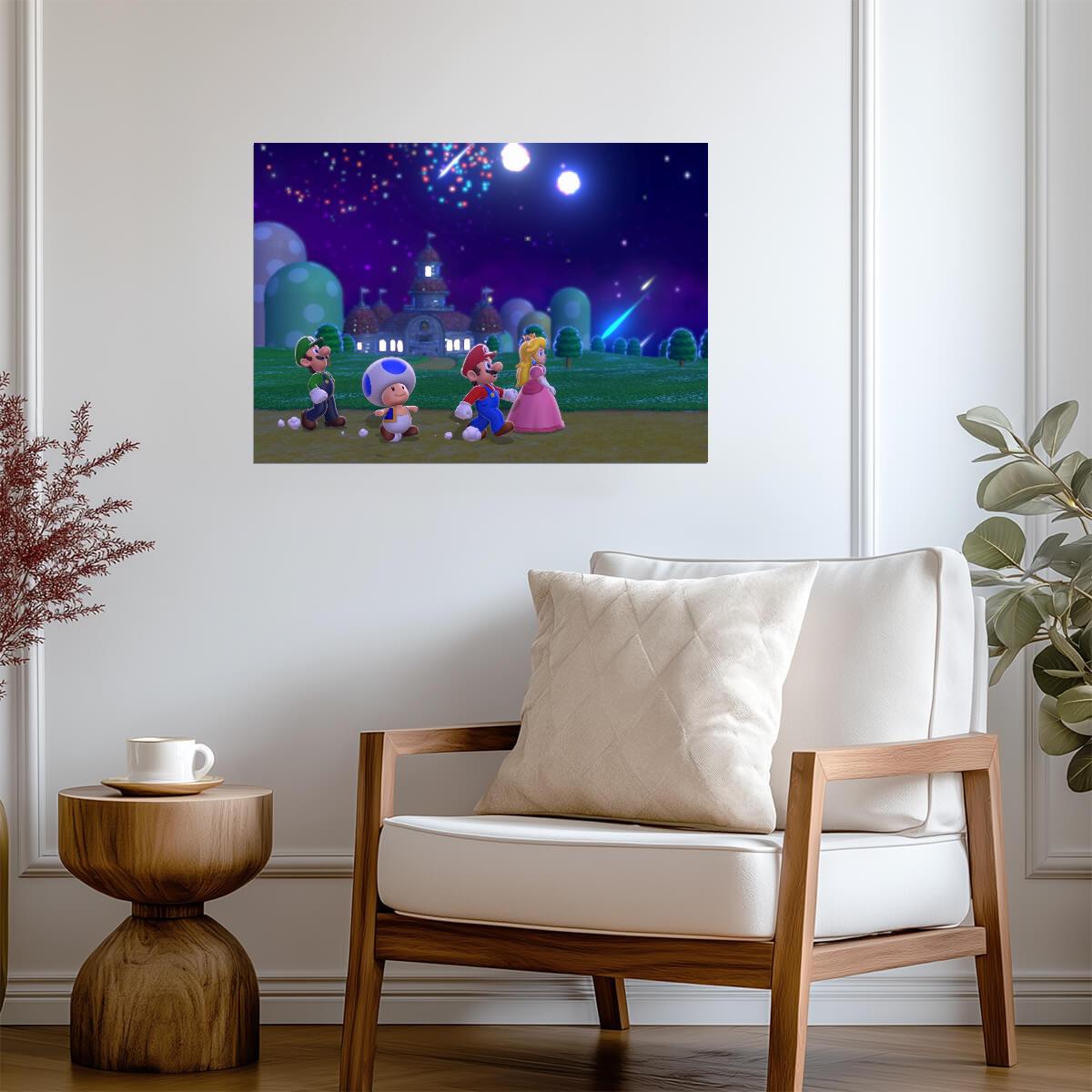 Super Mario Poster | Mario, Peach and Friends | Fireworks at the Castle - Video Games Poster